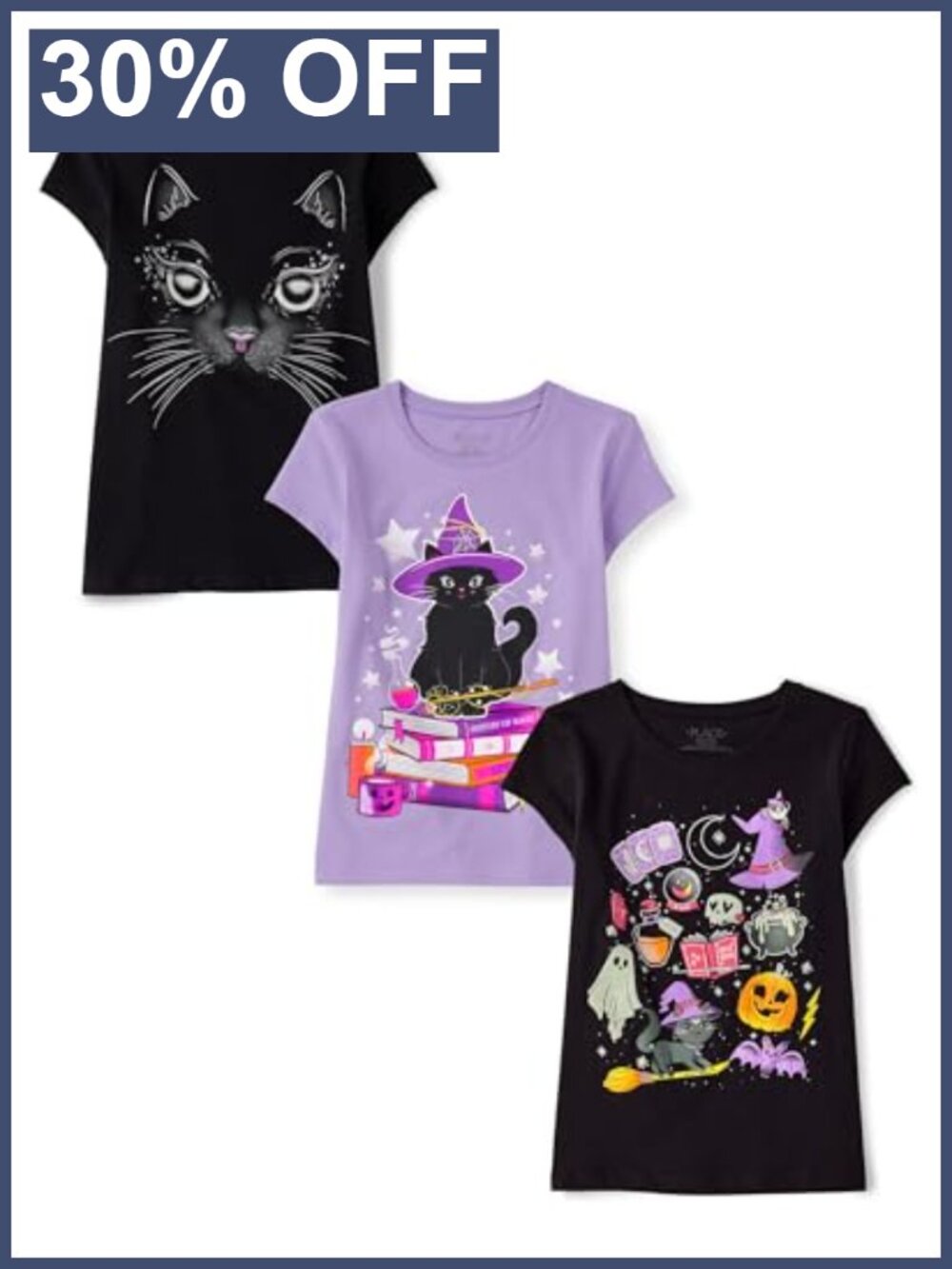 Girls' Graphic Halloween Cat T-Shirt Pack, 60% Cotton/40% Polyester